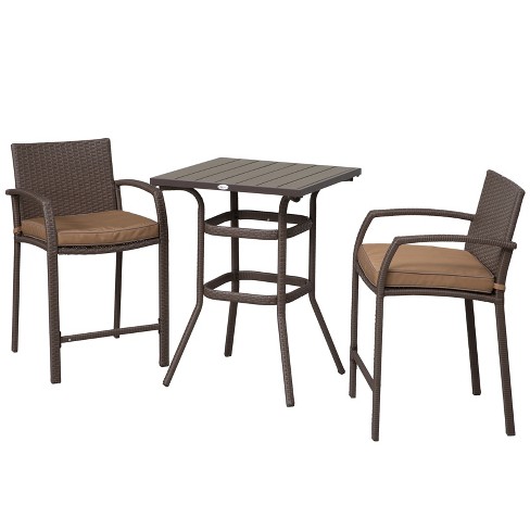 Outsunny 3 Pcs Rattan Wicker Bar Set, 3 Pcs Patio Outdoor Rattan Wicker Bar Table And 2 Stools