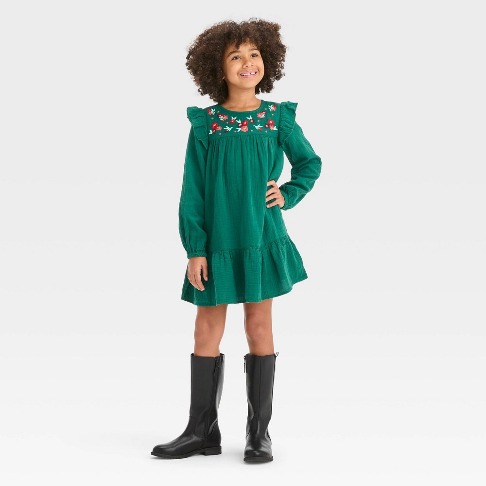 Girls' Long Sleeve Woven Floral Dress - Cat & Jack™ Forest Green XXL