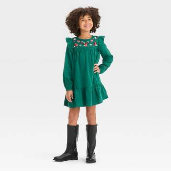 Girls' Long Sleeve Woven Floral Dress - Cat & Jack™ Forest Green