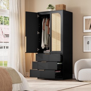 Rattan Armoire Wardrobe Closet with 3 Drawers and 2 Doors, Modern Wooden Wardrobe Cabinets for Hanging Clothes - 1 of 4