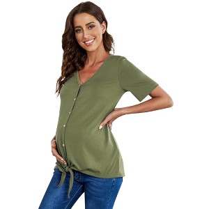 Women's Maternity Tops Shirts Short Sleeve V Neck T Shirts Casual Summer Button Nursing Tops Tie Knot Pregnancy Tunic Blouse - 1 of 4