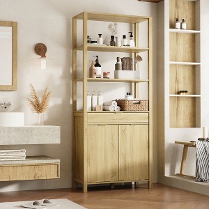 Famapy Natural Wood Bathroom Laundry Tower with Dawer and Open Shelves,Tilt-Out Hampers,Bathroom & Laundry Room Storage Cabinet - 1 of 4