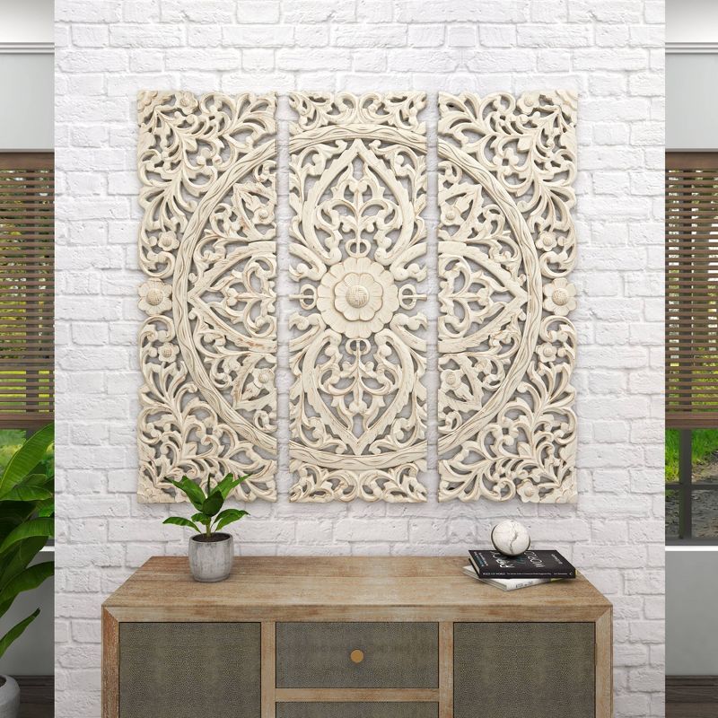 Wood Floral Handmade Intricately Carved Wall Decor with Mandala Design Set of 3 Beige - Olivia &#38; May, 6 of 22