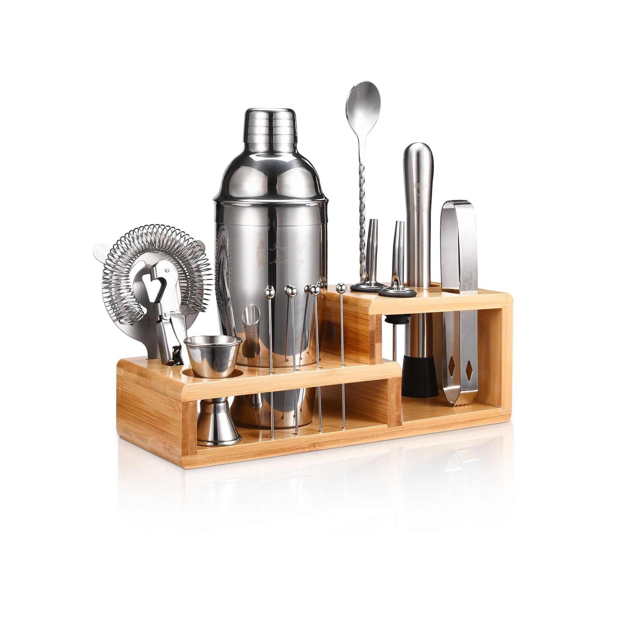 Touch of Mixology Premium 14 Piece Stainless Steel Bartender Kit with Bamboo Stand (Silver)