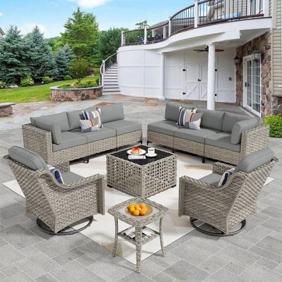 XIZZI 10PCS Furniture Set, Modular Sectional Sofa with Swivel Rocking Chairs and Side Table, Outside Coversation Set with Solar Coffee Table