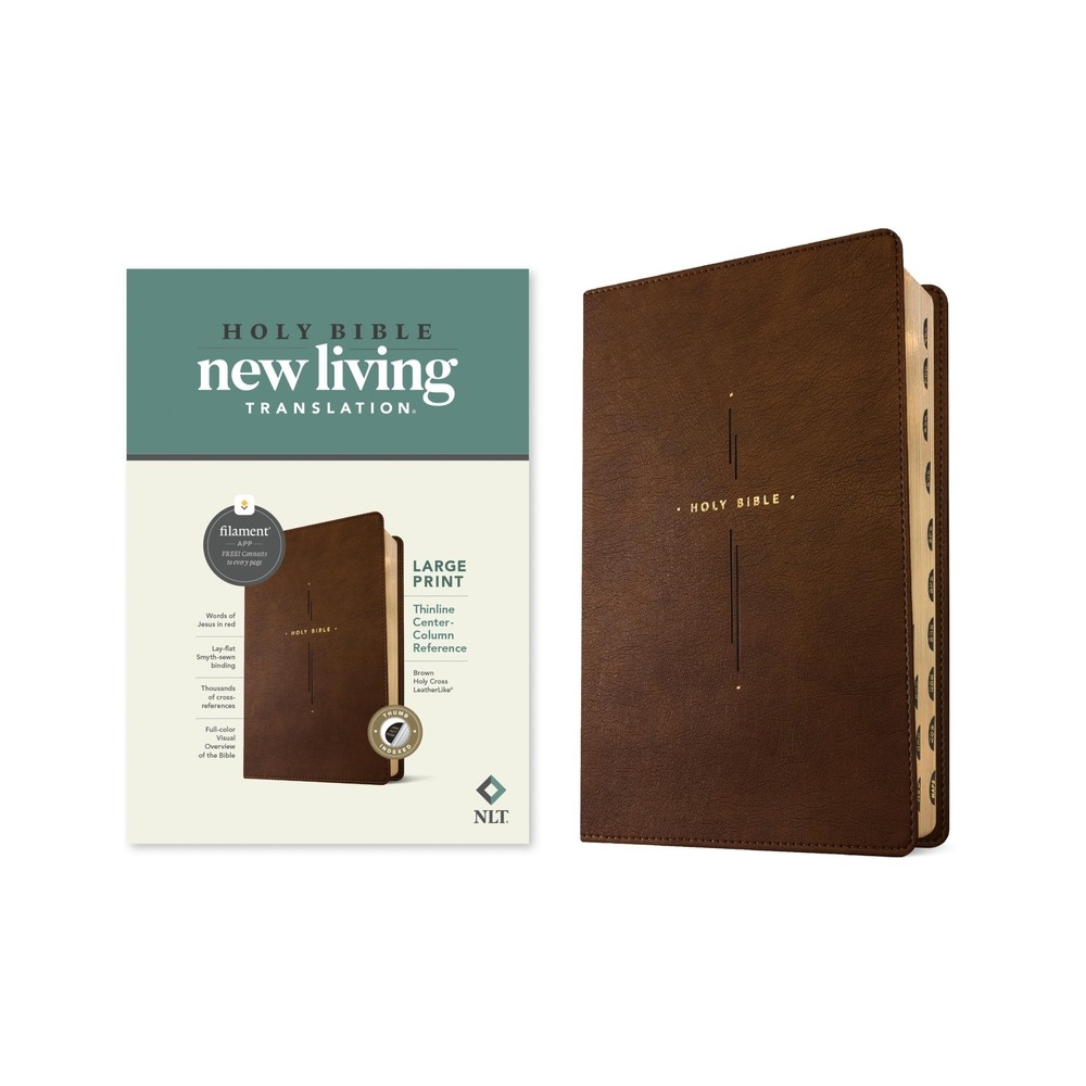 NLT Large Print Thinline Center-Column Reference Bible, Filament Enabled (Leatherlike, Brown Holy Cross, Indexed, Red Letter) - (Leather Bound)