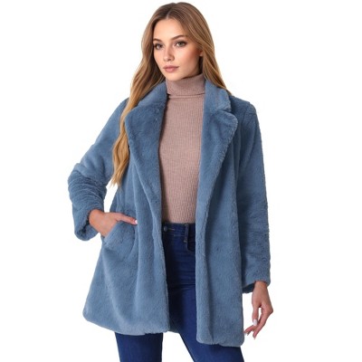 Allegra K Women's Lapel Collar Faux Fur Fuzzy Winter Long Overcoat with Pockets