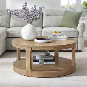 Sapphtopaz Traditional Round Coffee Table Large Curved Table with Shelf Wheels 2 Tier Center Table for Living Room - 1 of 4