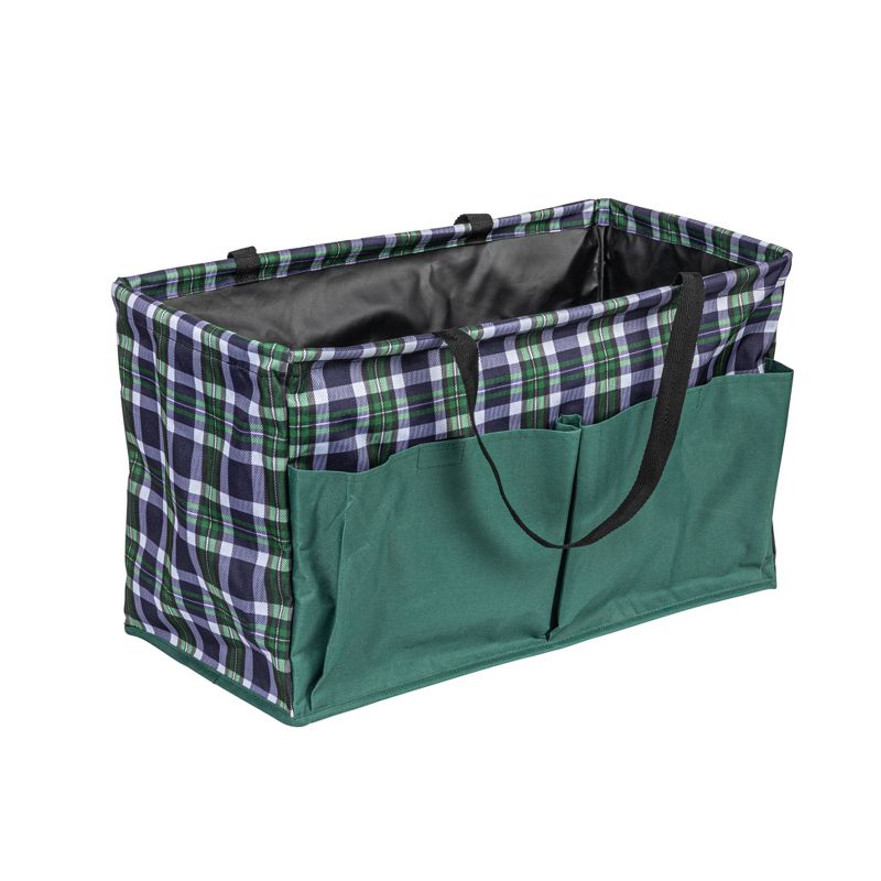 Household Essentials Plaid Water-Resistant Vinyl Lining Large Capacity Plaid Utility Rectangular Krush Tote with Handles with Green Pockets, 1 of 10