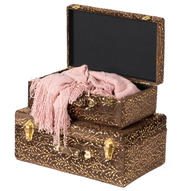 Vintiquewise Decorative Tufted Velvet Suitcase Treasure Chest Set of 2, Brown, 1 of 6