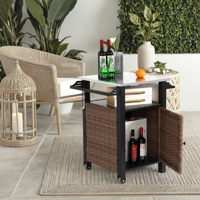 Outdoor Kitchen Wicker Island Rolling Cart & Storage Cabinet, Wheels and Stainless Steel Extended Table Top Brown