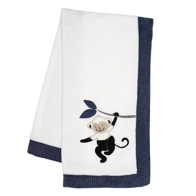 Lambs & Ivy Jungle Party White/Navy Monkey Soft Fleece Baby Blanket, 1 of 8