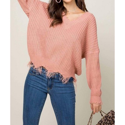 Women's Frayed V-Neck Sweater - Mainstrip