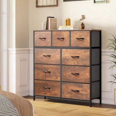 SKRAN Grid Cabinet Fabric Storage Tower with 9 Drawers For Bedroom,Tall Chest Organizer Unit With Fabric Bins, Steel Frame, Wood Top