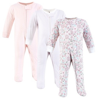 Hudson Baby Girls Cotton Sleep and Play, Outline Floral Soft Pink