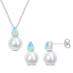 EVERLY JEWELRY | Sterling Silver 8.5-9mm Cultured Freshwater Pearl and 1 1/3ct TGW Ethiopian Opal Drop Earrings and Pendant with Chain - 18 in - 1 of 4