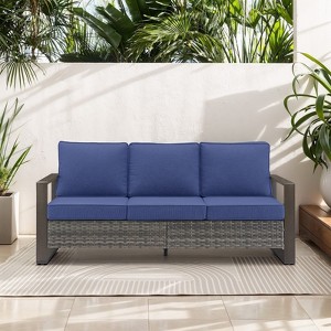 POCASSY 74.8" Outdoor 3-Seater Sofa with Meatl Armrest, Outdoor Furniture Sofa with Faux Wood Square Armrest and High Back for Porch Deck - 1 of 4