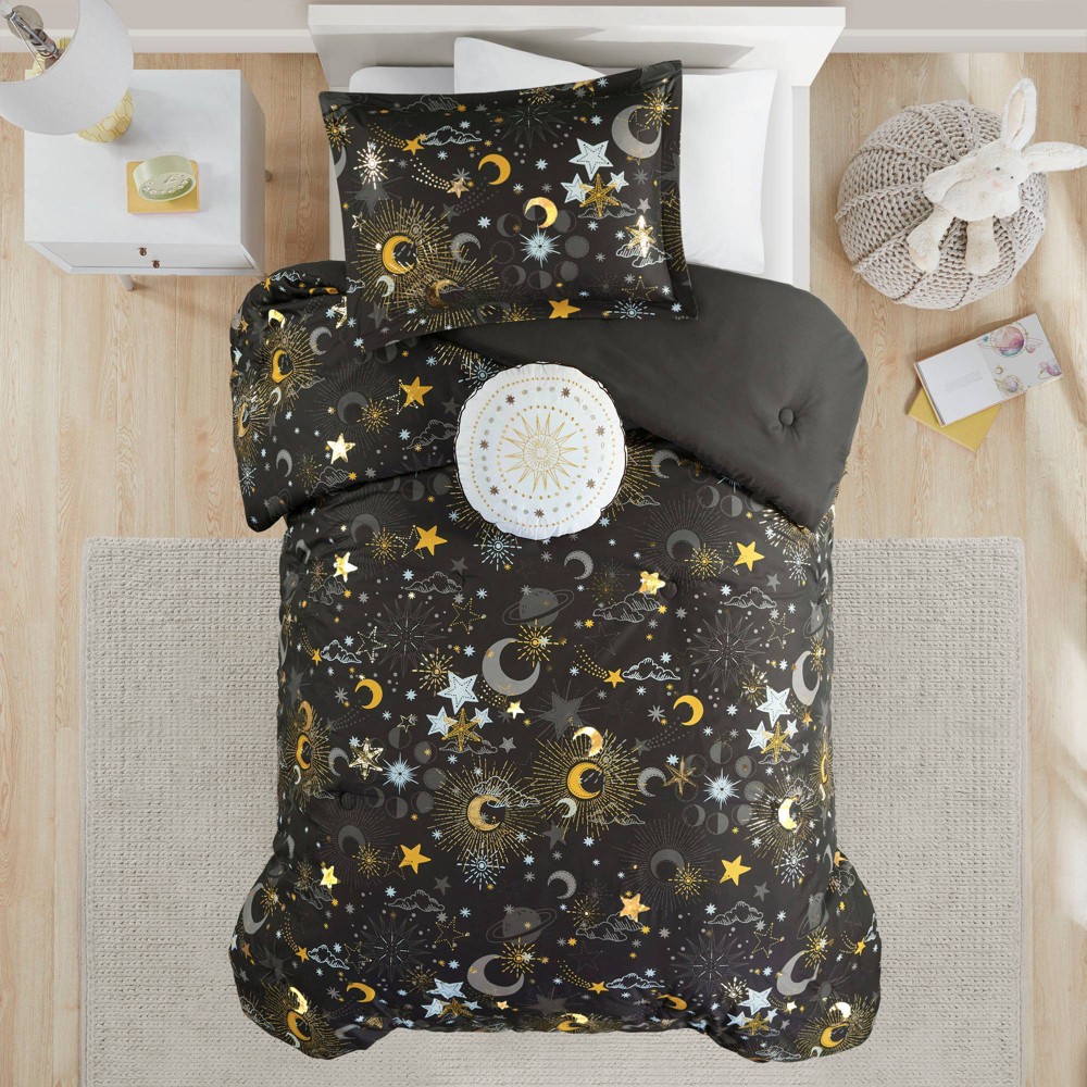 Photos - Bed Linen Full/Queen Isabel Starry Sky Metallic Kids' Comforter Set with Throw Pillow Charcoal Gray - Mi Zone: Hypoallergenic Bedding,