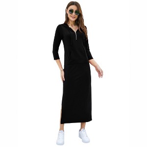 Coolmee Women Casual Maxi Dress Quarter-Zip Neck 3/4 Sleeve Slim Slit Pullover Hoodie Long Dress with Front Pocket - 1 of 4