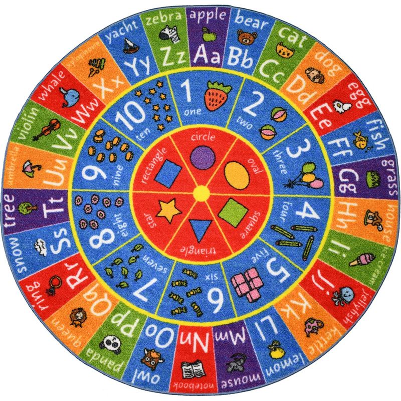 KC CUBS Boy & Girl Kids ABC Alphabet, Numbers & Shapes Educational Learning & Fun Game Play Nursery Bedroom Classroom Round Rug Carpet, 1 of 6