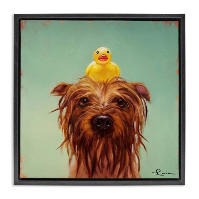 Stupell Industries Wet Dog with a Rubber Ducky Black Framed Floater Canvas Wall Art