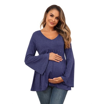 Long Sleeve Maternity Tee Shirts Tunic Pregnancy Tops Women Pleated Babydoll V Neck Hollow Out Tie Back
