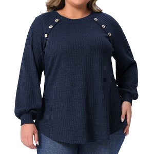 Women's Plus Size Ribbed Knit Button Decoration Crew Neck Long Sleeve Casual Tunic Blouses - Agnes Orinda - 1 of 4
