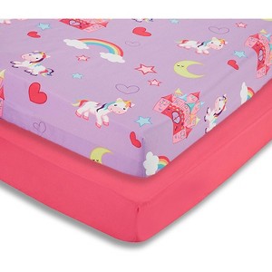 Everyday Kids 2-Pack Girls Crib Sheets, Soft Microfiber, Fits 28x52 Crib Mattress, Unicorn and Hot Pink Nursery Bedding Set - 1 of 4