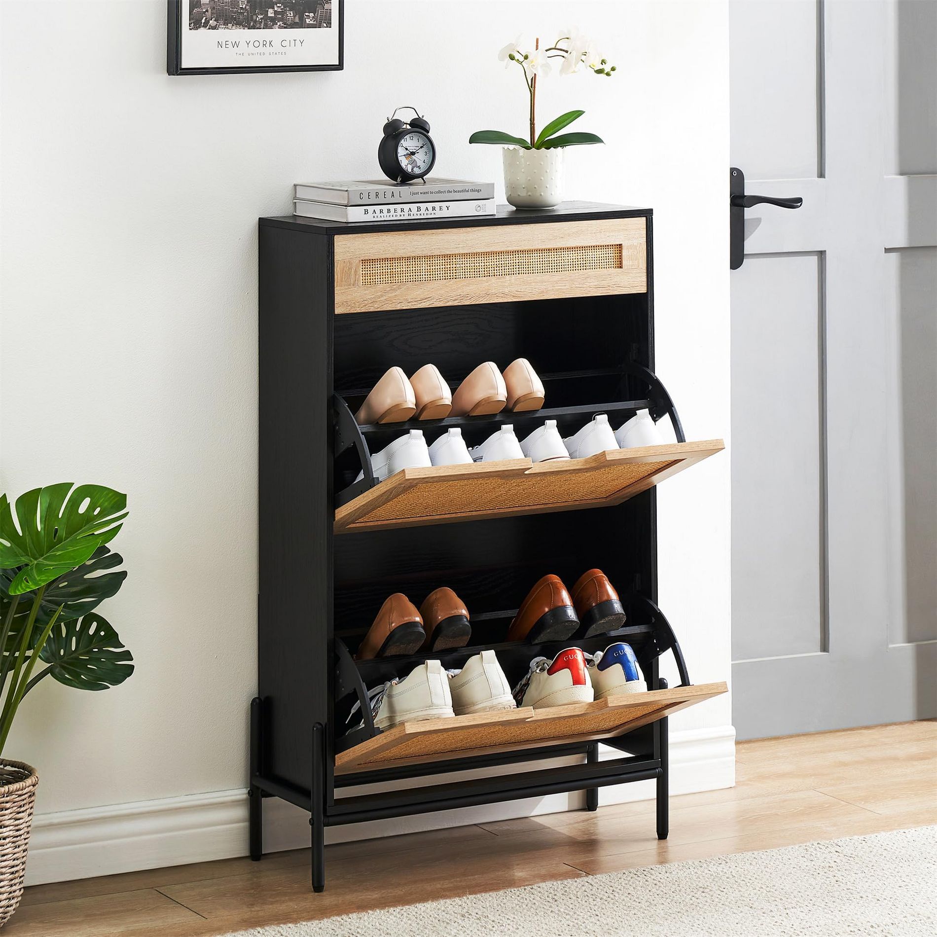 Natural Rattan Storage Cabinet with 2 Flip Drawers, Wooden Entry Way Cabinet with Adjustable Shelf for Storage Shoe Cabinet Drawer for Hallway