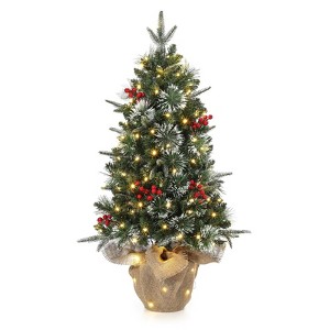 3FT Tabletop Christmas Tree, Pre-Lit Artificial Christmas Tree with 78 LED Lights, Decorated with Red Berries, 8 Lighting Modes - 1 of 4