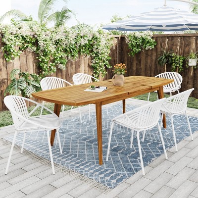 7-Piece Expandable Outdoor Dining Set, Acacia Wood Oblong Extendable Dining Table and 6 Stackable Chairs – Cuddlewood