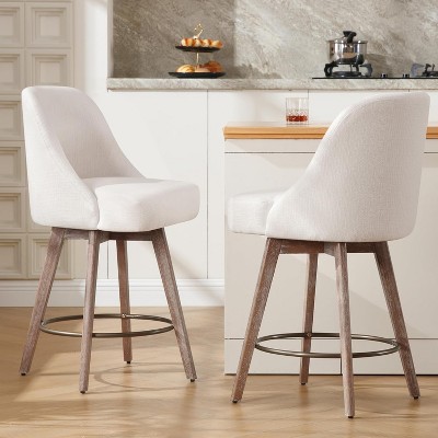 Bekrvio 26" Swivel Bar Stools Set 1/2/3/4 with Solid Wood Legs, 3.15" Linen Upholstered Seat with Back, Mid-Century Bar Chairs for Kitchen Island
