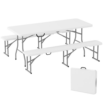 Outsunny 6FT 3-Piece Portable Picnic Table Bench Set with Carrying Handles, Folding Camping Table and Chairs, White