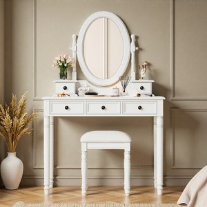 FONTOI 38"W Vanity Desk with Adjustable Angle Mirror 5 Drawers and Cushioned Stool for Bedroom Dressing Room, White, 38"*17.2"*55.2" - 1 of 4