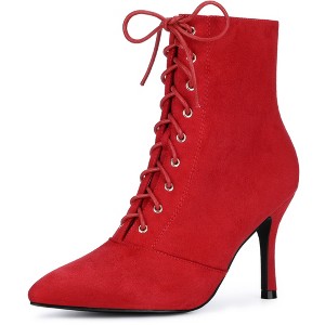 Allegra K Women's Pointy Toe Lace Up Side Zip Stiletto Heels Ankle Boots - 1 of 4