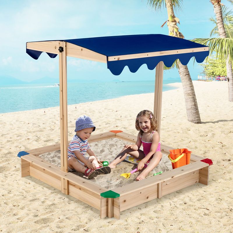 Costway Kids Wooden Sandbox with Height Adjustable & Rotatable Canopy Outdoor Playset, 2 of 11