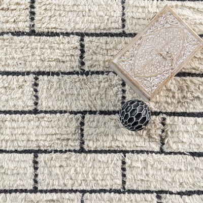 Ivory Geometric Brick Pattern Wool Blend Area Rug