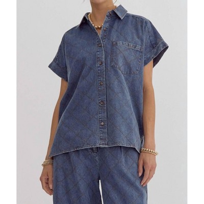 Women's Stitched Button Down Short Sleeve Top - entro
