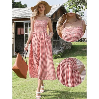 Женские платья INSPIRE CHIC Women's Gingham Summer Spaghetti Strap Sleeveless Smocked Sundress A-Line Maxi Dress Medium Red — фото 2