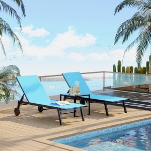 3 pics Lounge Chairs Outdoor Chaise Furniture,Metal Deck Lounger Adjustable Position Poolside Recliner with Wheels for Beach,Coffee Table,  2 Chairs - 1 of 4