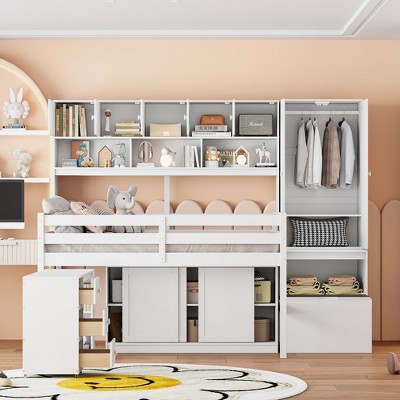 Whisen Modern Design Loft Bed with Wardrobe, Desk, Drawers and Shelves