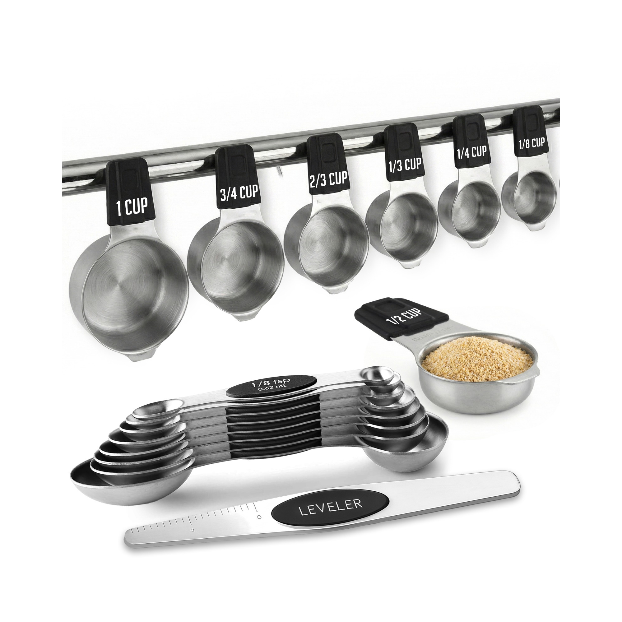 Stainless Steel Measuring Cups and Spoons Set, 16Pc Magnetic Nesting Measuring Cup and Spoon with Easy to Read Markings, Heavy duty, Dishwasher Safe