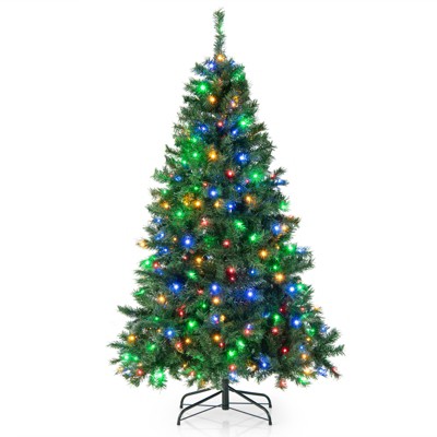 Tangkula 6FT Pre-lit Hinged Christmas Tree Xmas Artificial Tree w/260 Multi-Color LED Lights Seasonal Holiday Decoration Tree 3-Minute Quick Shape