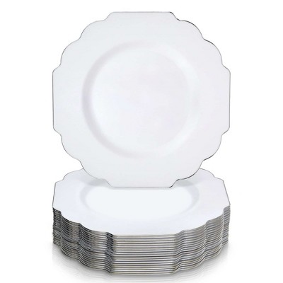 Silver Spoons Elegant Disposable Plastic Plates for Party, Heavy Duty White Disposable Plate Set,  (10 PC) - Baroque