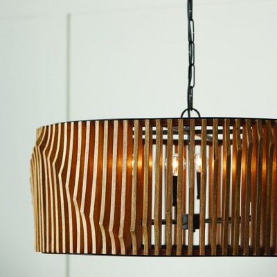 Light Wood and Matte Black 6-Light Drum Chandelier