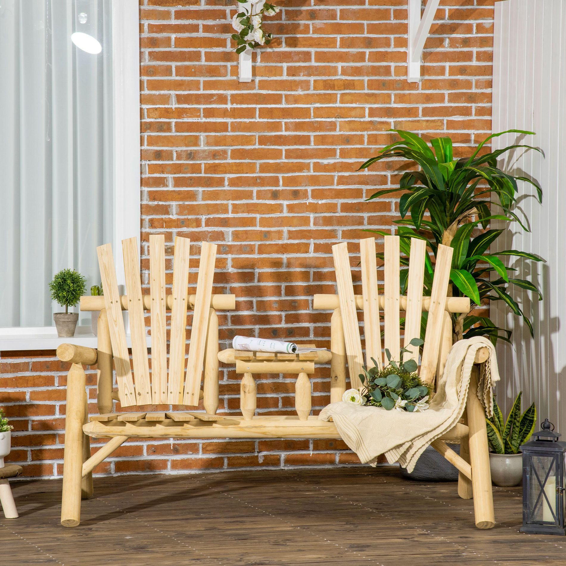 GDFStudio Eveline Rustic Patio 2-Seater Adirondack Slatted Bench with Table, Brown