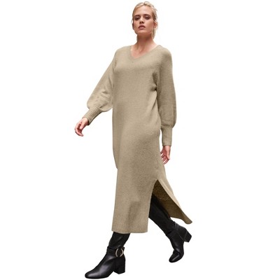 ellos Plus Size V-Neck Midi Sweater Dress With Side Slits