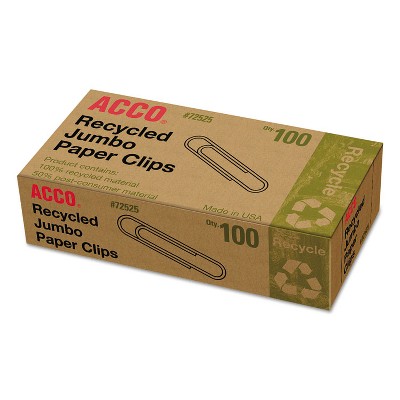 Acco Recycled Paper Clips Jumbo 100/Box 10 Boxes/Pack 72525