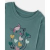 Deux par Deux Girl Organic Cotton T-Shirt Sage with Cat - 4 of 4