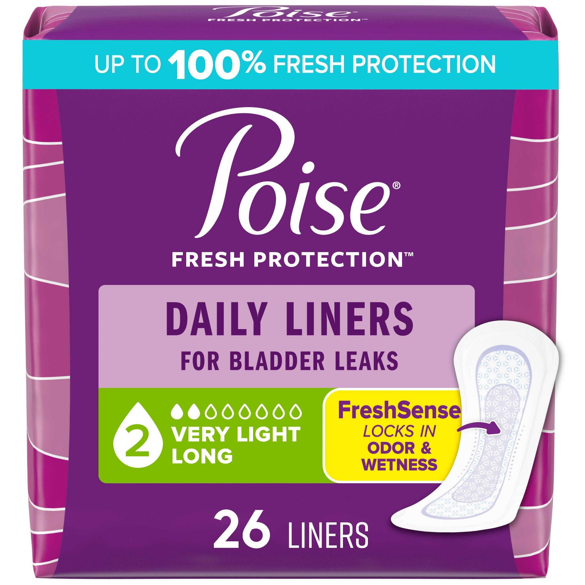 Poise Daily Long Incontinence Panty Liners - 2 Drop Very Light Absorbency - 26ct - Trial Pack